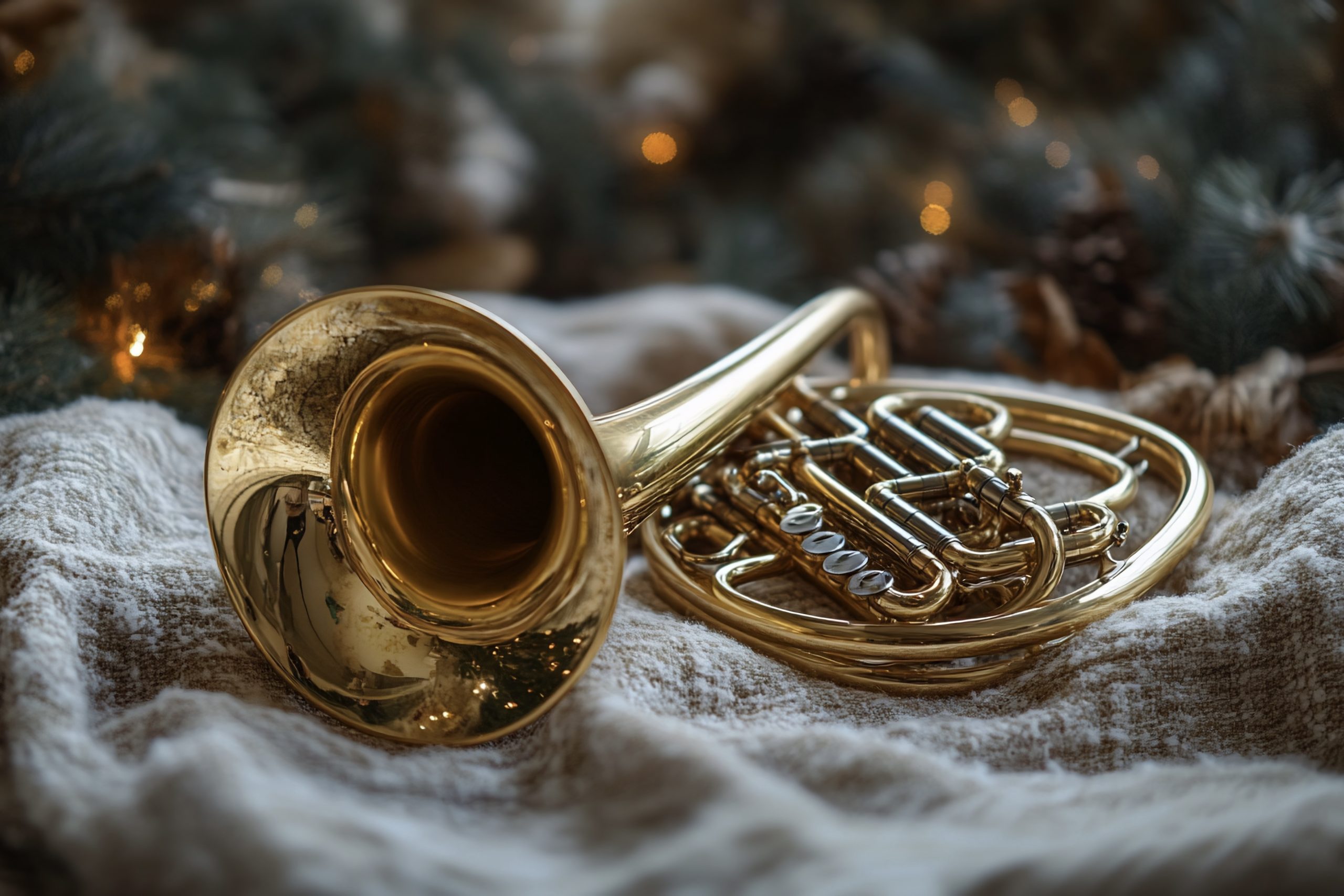 French horn on linen, Christmas lights